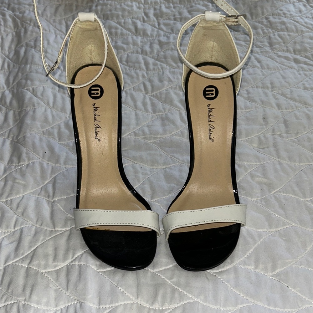Michael Antonio Black and White Ankle-Strap Heels